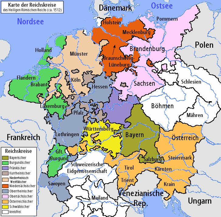 Karte der Reichskreise des Heiligen Römischen Reichs (ca. 1512)